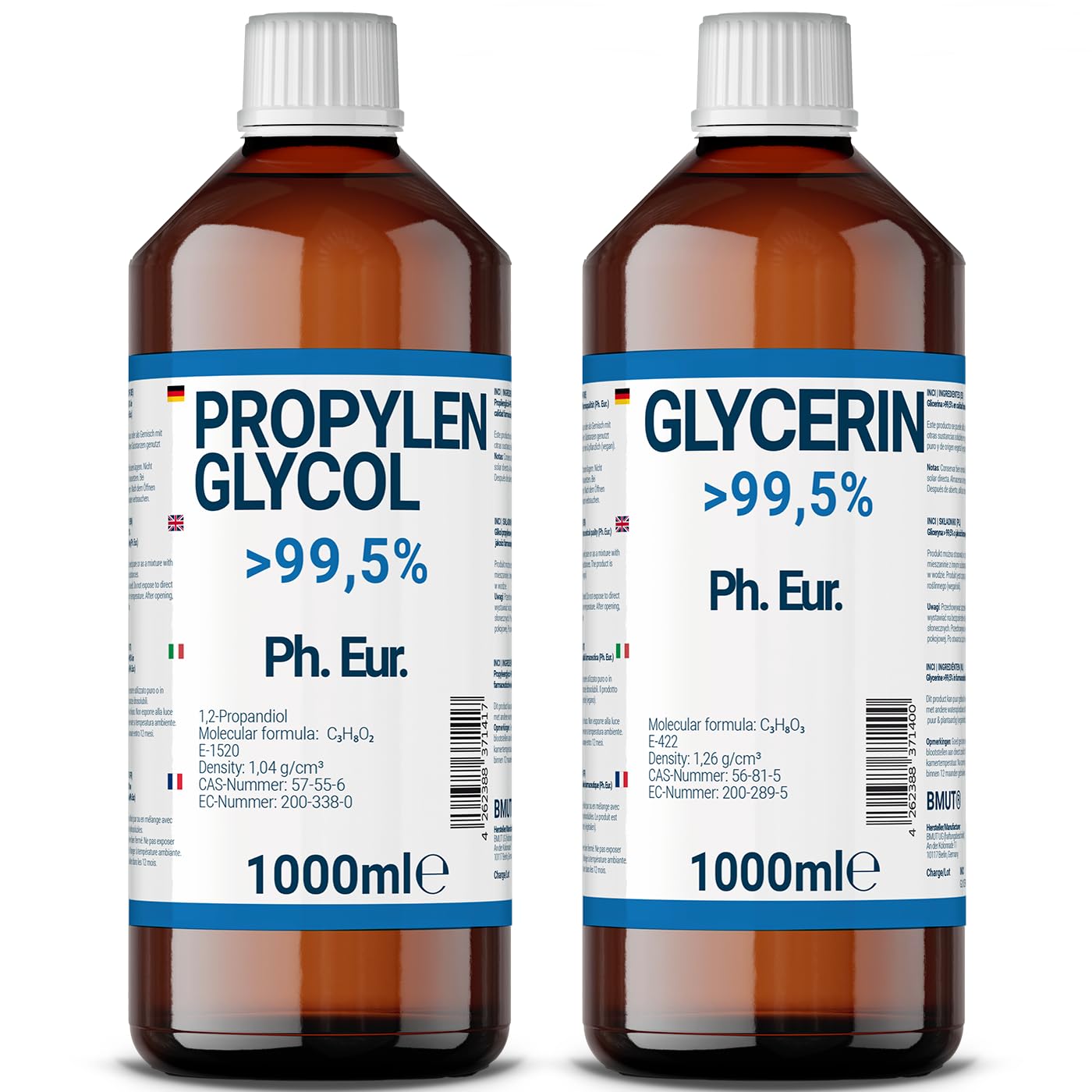 Glicerīns + propilēnglikols 1000ml + 1000ml farmaceitiskā kvalitātē | >99,5% | Tīrs | E422 + E1520 DIY