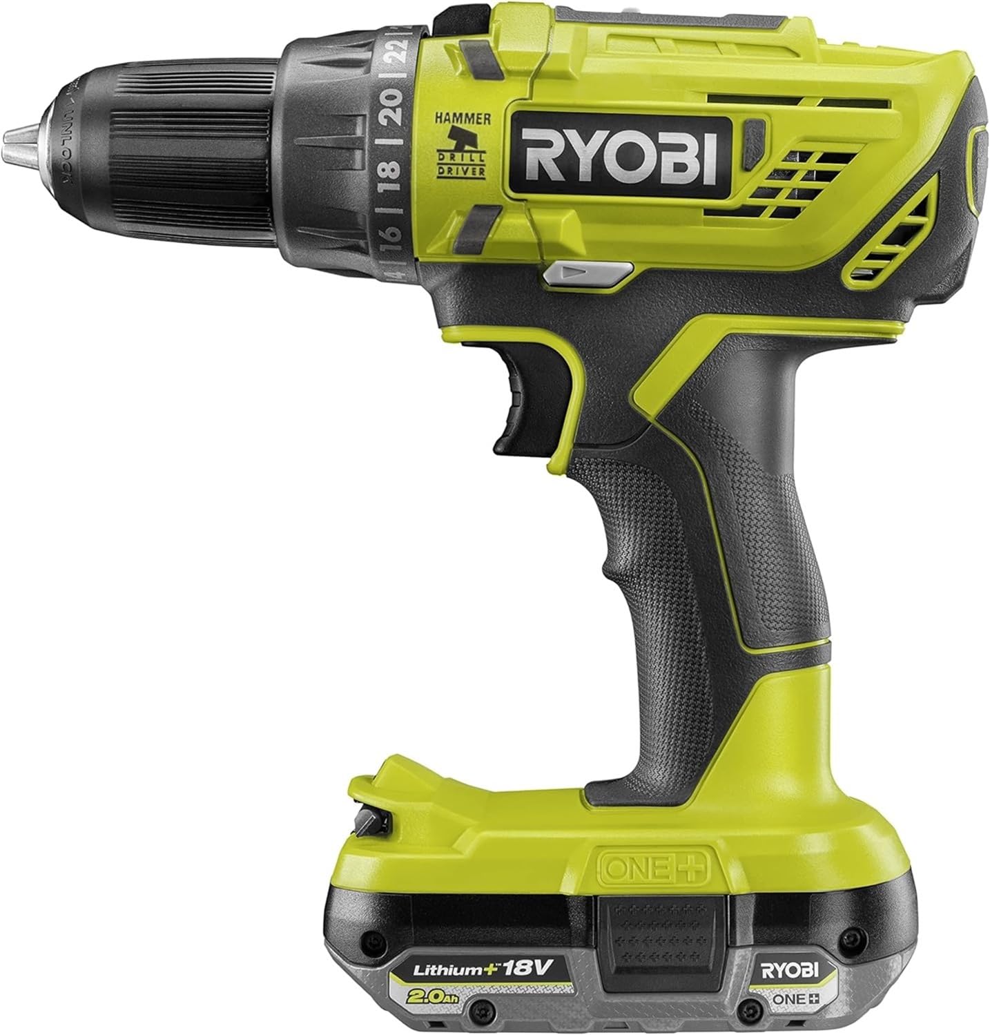 RYOBI 18V ONE+ R18PD32-1C20G - 2-speed, 50Nm torque, 24 torque settings, 13mm metal chuck, includes 2.0Ah battery and charger.