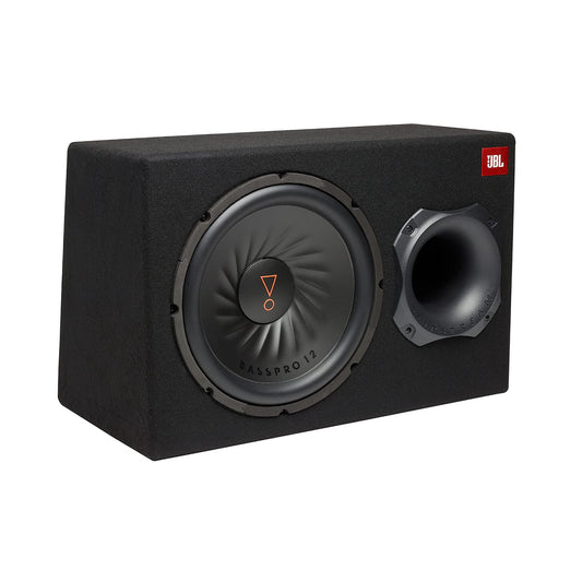 JBL BassPro 12 aktīvais subwoofers komplekts - bassreflex woofer JBL kaste liela 30 cm, 450 vatu pastiprinātājs automašīnas skaņu sistēmai un auto hifi bass kaste, melna