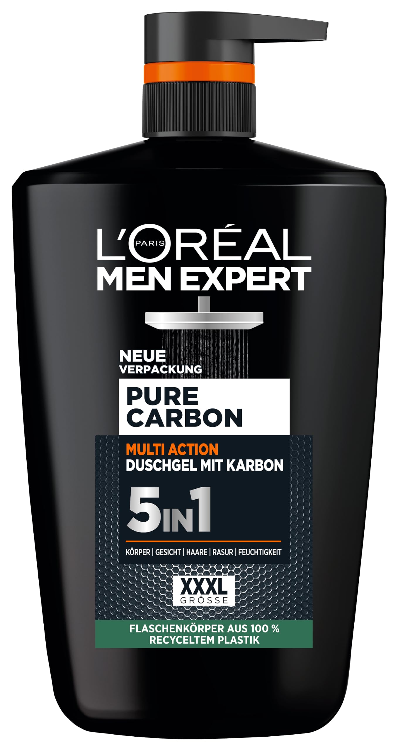 Dušas želeja un šampūns vīriešiem L'Oréal Men Expert Pure Carbon XXXL 5-in-1, ķermenim, matiem un sejai, ar oglekli, ilgstošai svaiguma sajūtai, 1 x 1000 ml