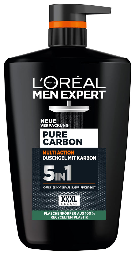 Dušas želeja un šampūns vīriešiem L'Oréal Men Expert Pure Carbon XXXL 5-in-1, ķermenim, matiem un sejai, ar oglekli, ilgstošai svaiguma sajūtai, 1 x 1000 ml