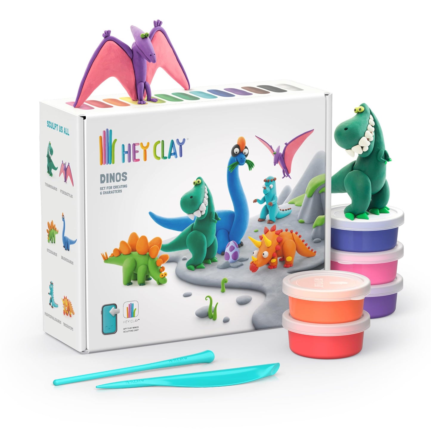 Modelēšanas komplekts bērniem Hey Clay Dinos, gaisā žūstošs māls, 15 trauciņi un modelēšanas rīki ar interaktīvu lietotni, daudzkrāsains
