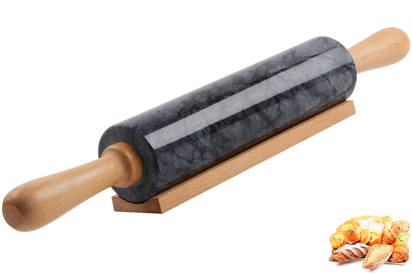 Marmora mīklas rullis ar koka statīvu, biezi rokturi, 47 cm, pulēts veltnis picai, fondantam, kūku pamatnēm un pastai, nepiedegoša virsma, viegli tīrāms