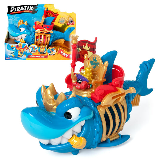 PIRATIX ADVENTURE WORLD King Shark – locītavu haizivs ar būri, 1 haizivi, 1 dārgumu, 1 Piratix un 1 piederumu.