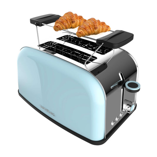 Cecotec vertikālais tosteris Toastin' time 850 zils, 850W, divkāršs īsais un plats slots 3,8 cm, augšējie stabi, nerūsējošais tērauds, automātiskā izslēgšanās un pop-up funkcija, drupatu trauks.