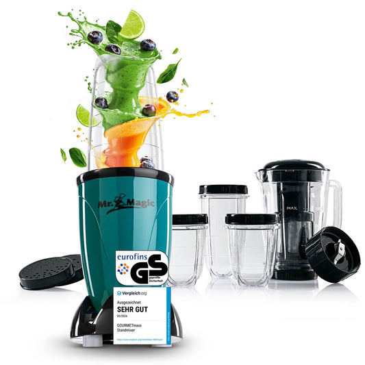 GOURMETmaxx Mr. Magic Mixer | Sulu veidotājs ar XXL piederumu komplektu | Stenda mikseris 18 daļās | Blenderis ar noplūdes izturīgiem svaiguma vākiem | Pārtikas pārstrādātājs kokteiļiem, sulām utt.