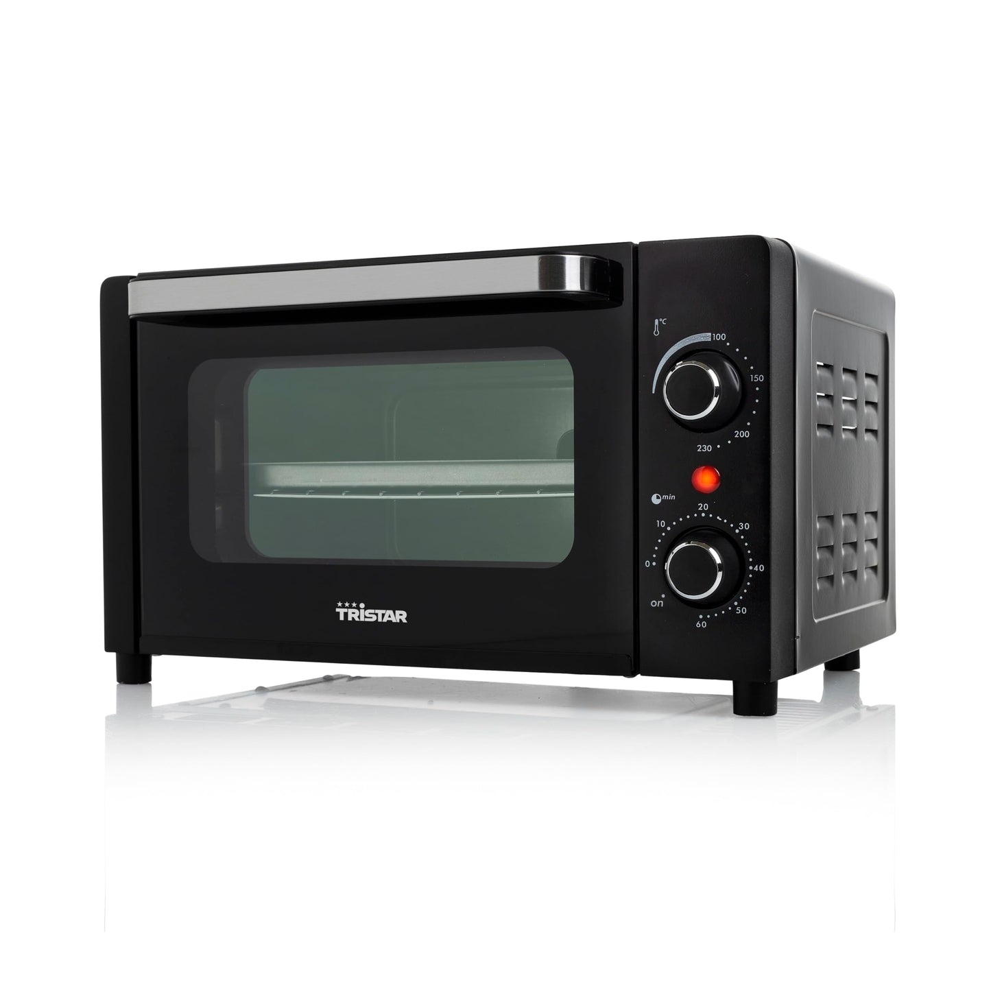 Tristar Mini cepeškrāsns, 800 W, 10 L tilpums, taimeris, divu stiklu durvis, temperatūras diapazons līdz 230°C, piemērota kempingam, grilēšanai, cepšanai un tosterēšanai, daudzfunkcionāla un kompakta, melna, OV-3615