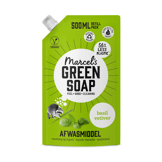 Trauku mazgāšanas līdzeklis Marcel's Green Soap Bazilika & Vetiver - uzpildes maisiņš - mikroplastmasu nesaturoša formula - vegāns - 500 ml