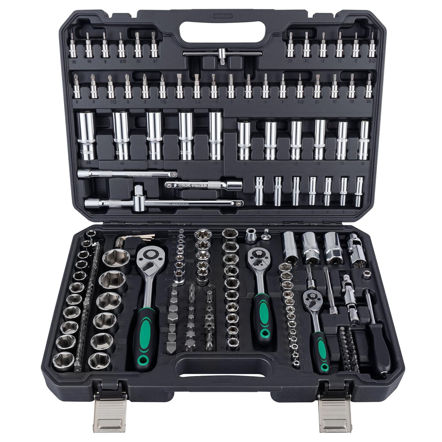 Ginour 202-teiligā rokas instrumentu komplekts 1/4" 3/8" un 1/2" sprūdrata uzgaļu komplekts CR-V