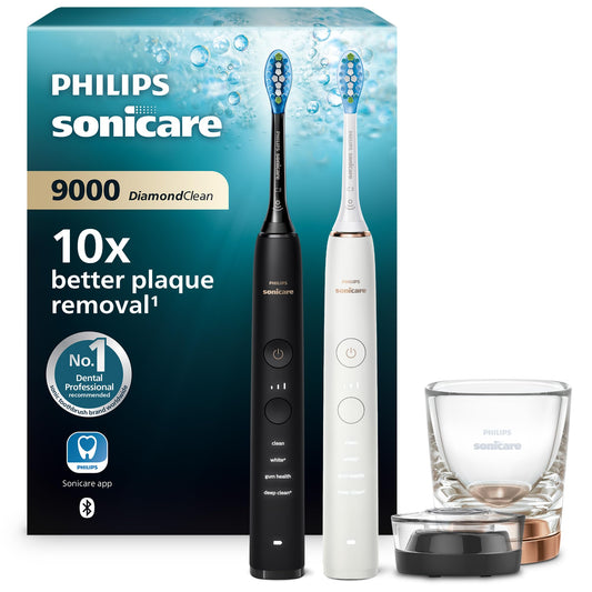 Philips Sonicare DiamondClean 9000 elektriskā zobu birste, skaņas zobu birste ar lietotni, spiediena kontrole, 4 tīrīšanas režīmi, 3 intensitātes līmeņi, uzlādes glāze, melna un rozā zelta, divu iepakojums, modelis HX9914/57