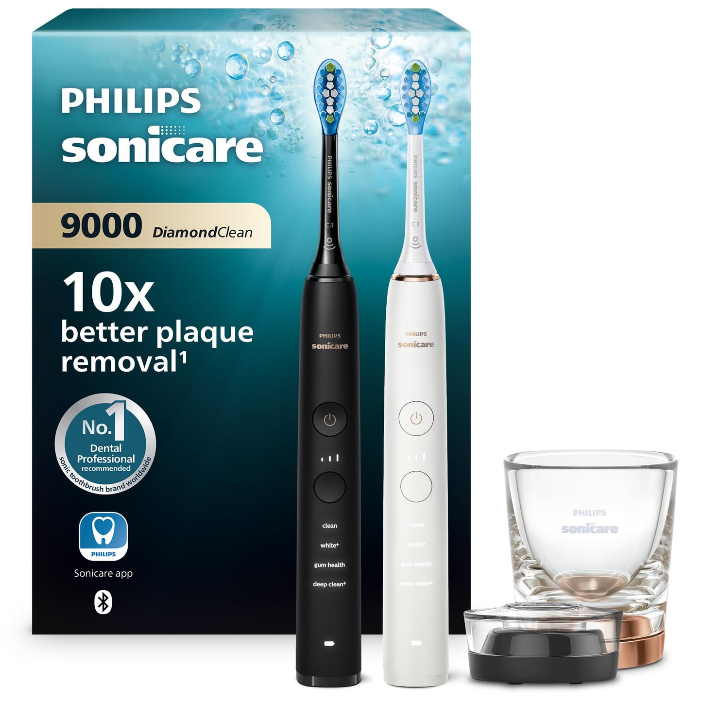 Elektriskā zobu birste Philips Sonicare DiamondClean 9000, skaņas zobu birste ar lietotni, spiediena kontroli, 4 tīrīšanas režīmi, 3 intensitātes līmeņi, uzlādes stikls, melna un rožzelta, 2 gab., modelis HX9914/57