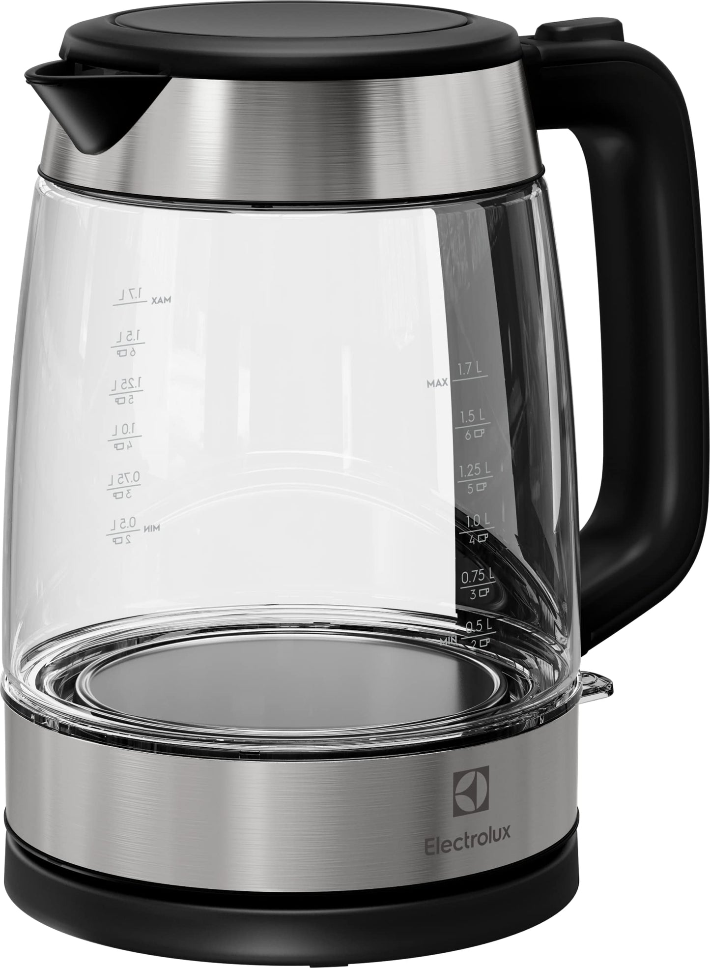 Electrolux Create 4 tējkanna E4GK1-4GB - elegants stikla un nerūsējošā tērauda dizains, 2200 W, 1.7 litri, bezvadu, 360° rotācija.