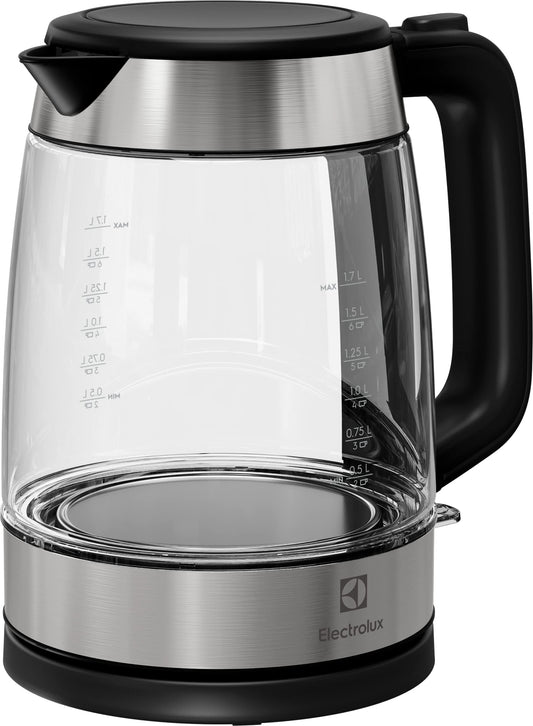 Electrolux Create 4 tējkanna E4GK1-4GB - elegants stikla un nerūsējošā tērauda dizains, 2200 W, 1.7 litri, bezvadu, 360° rotācija.