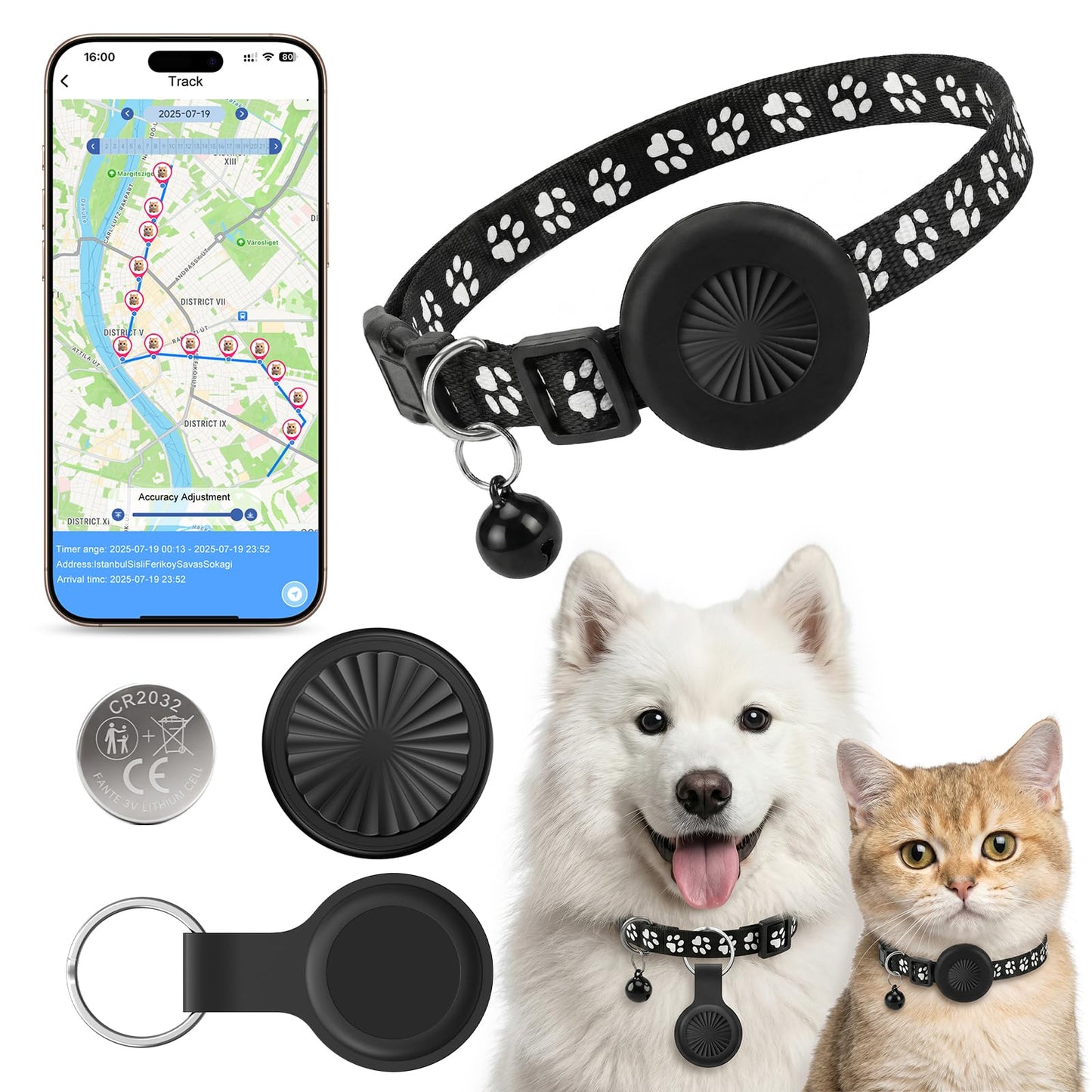 GPS izsekotājs kaķim un sunim, saderīgs ar iOS un Android, GPS izsekotājs mājdzīvnieku kaklasiksnām bez abonementa, IP67 ūdensizturīgs, globāla pozicionēšana, 365 dienu akumulatora darbības laiks, kaķiem, suņiem, atslēgām un citiem priekšmetiem