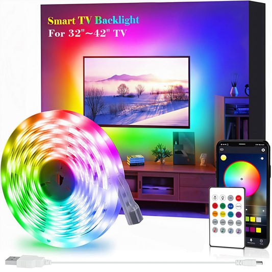 LED gaismas lente TV, USB TV fona apgaismojuma komplekts ar tālvadības pulti, lietotnes vadība, mūzikas sinhronizācija, 5050 RGB viedais LED fona apgaismojums HDTV (2 m 32-42 collu televizoriem)