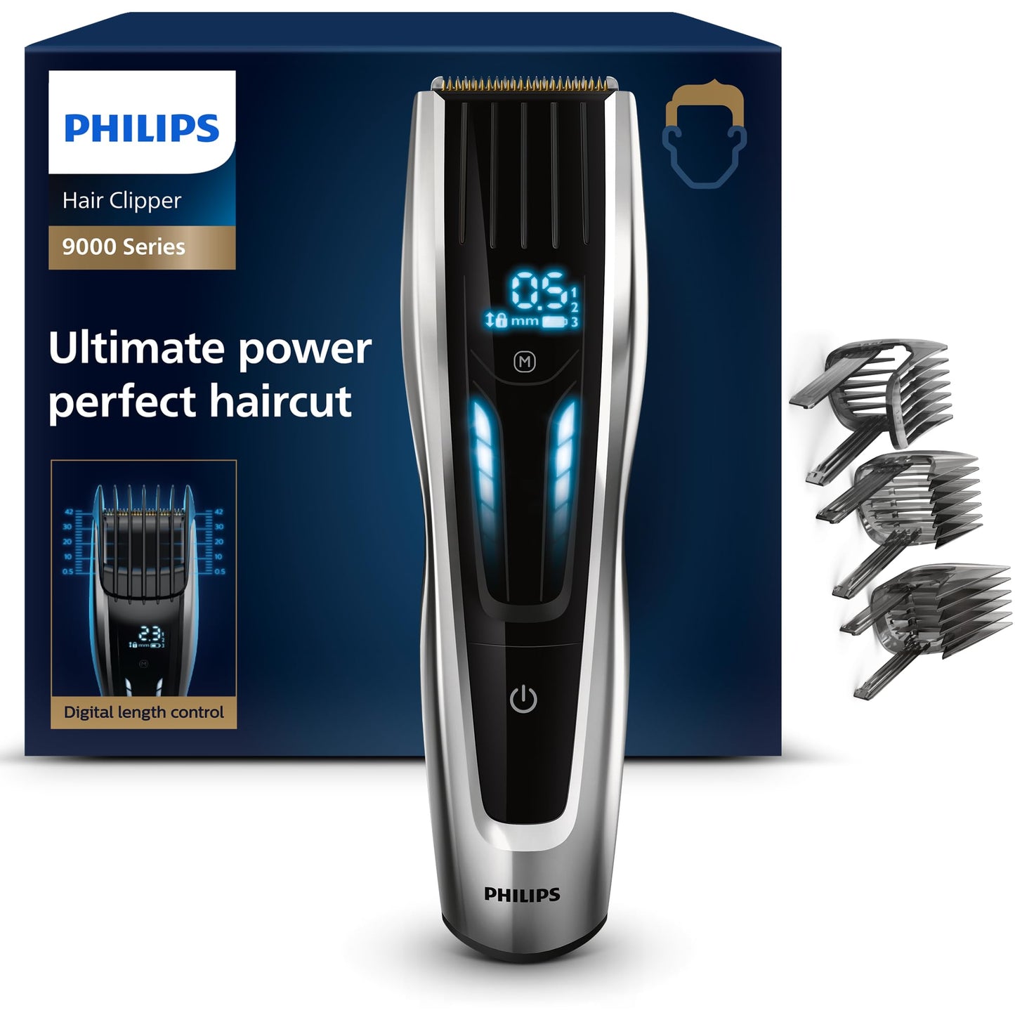 Philips Series 9000 matu griezējs ar 400 garuma iestatījumiem, izturīgām titāna asmeņiem un digitālo skārienkontroli (modelis HC9450/20)