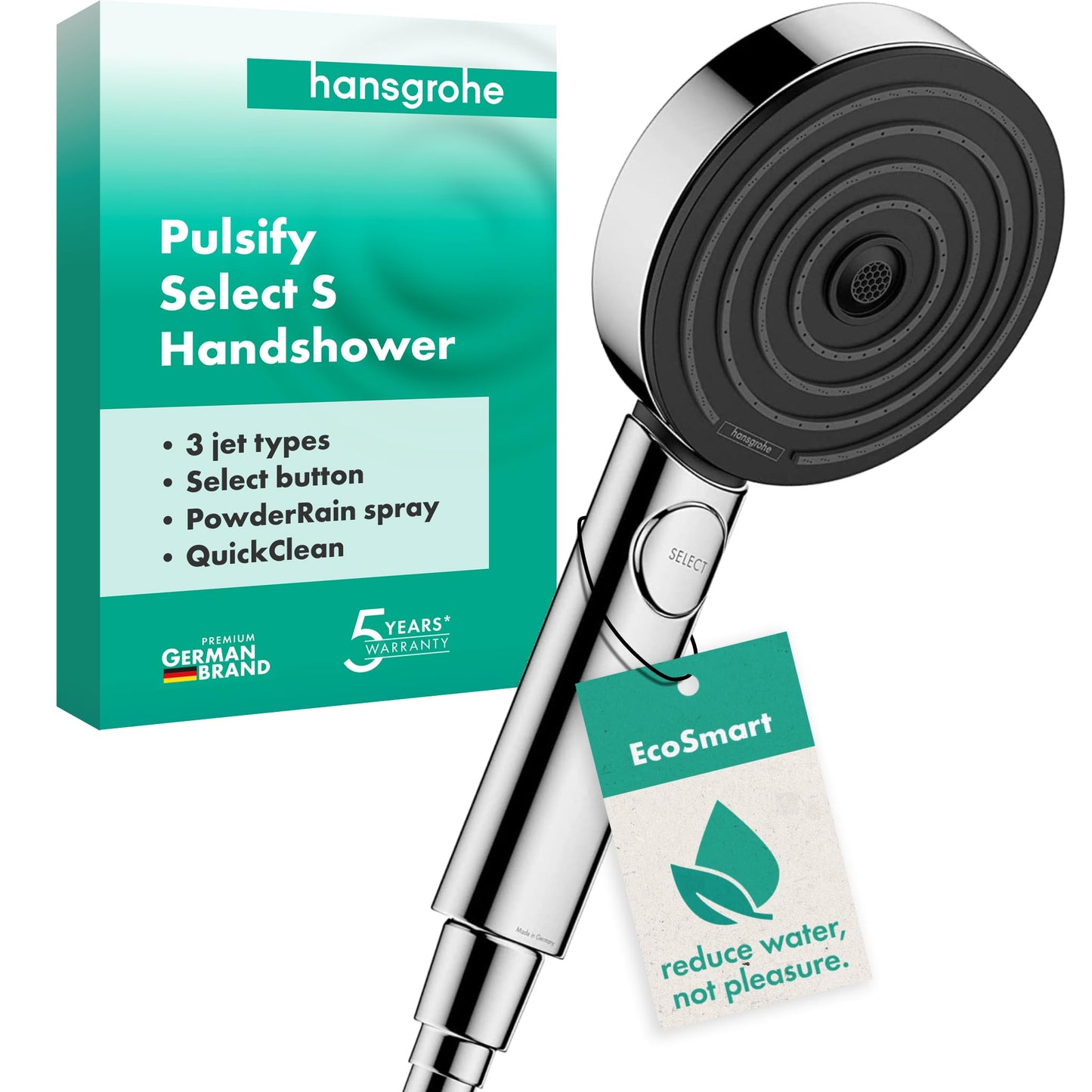 Dušas galva hansgrohe Pulsify Select S, ūdens taupoša 6,9 l/min (EcoSmart), rokas duša ar 3 strūklas režīmiem, 105 mm, pretkaļķu funkcija, hroms, 24111000