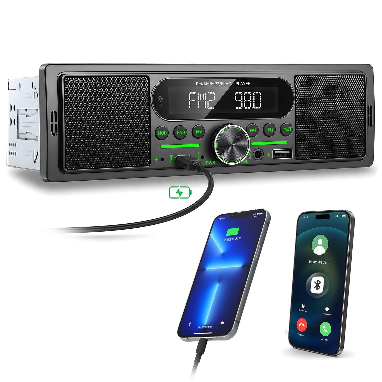 Autoradio 1 DIN SIXTOP Bluetooth brīvroku sistēma auto MP3 atskaņotājs FM/AM radio USB/TF/AUX 60W x 4 subwoofer izeja audio ierakstīšana Type-C uzlāde krāsaina apgaismojuma
