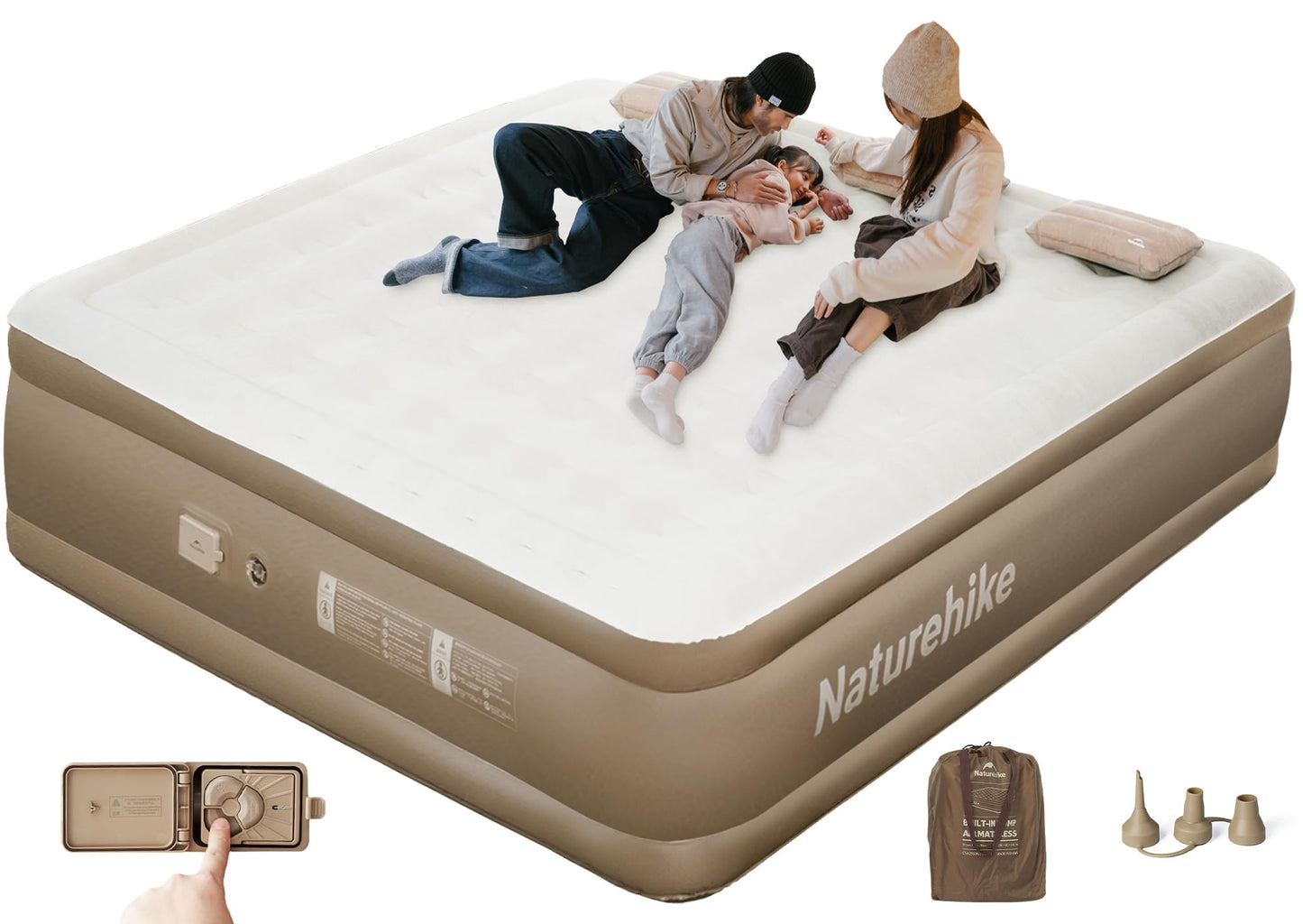 Naturehike piepūšamais matracis 3 personām, pašpiepūšams ar akumulatora pumpi - piepūšama viesu gulta 200x180x45cm kempingam un mājai, viegls, ērts un ātri piepūšams