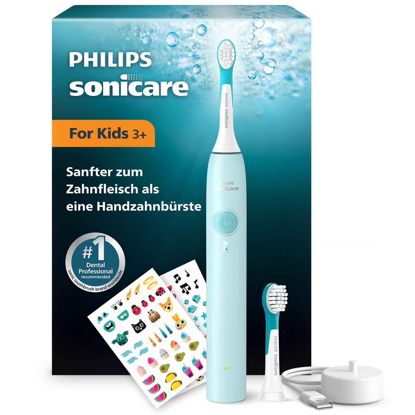 Philips Sonicare for Kids elektriskā bērnu zobu birste, skaņas zobu birste bērniem no 3 gadu vecuma, 2 maigi tīrīšanas režīmi, 2 minūšu taimeris, 2 mini uzgaļi, tirkīzzila, modelis HX6500/23