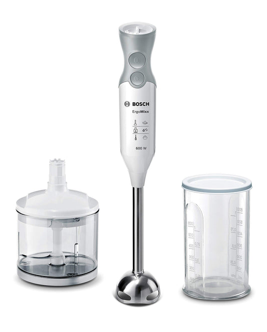 Bosch Stabmixer ErgoMixx MSM66120, nerūsējošā tērauda maisīšanas kāts, maisīšanas un mērīšanas krūze, 4 asmeņu nazis, ergonomisks dizains, 12 līmeņi plus turbo, 600 W, balts/pelēks