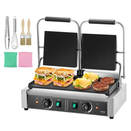 VEVOR komerciālais Panini grils, elektriskais Panini veidotājs ar 3600 W, divkārša nerūsējošā tērauda sviestmaizes prese, Panini grils ar temperatūras regulēšanu un pilnīgi plakanu emaljētu grila plati 19"x9"
