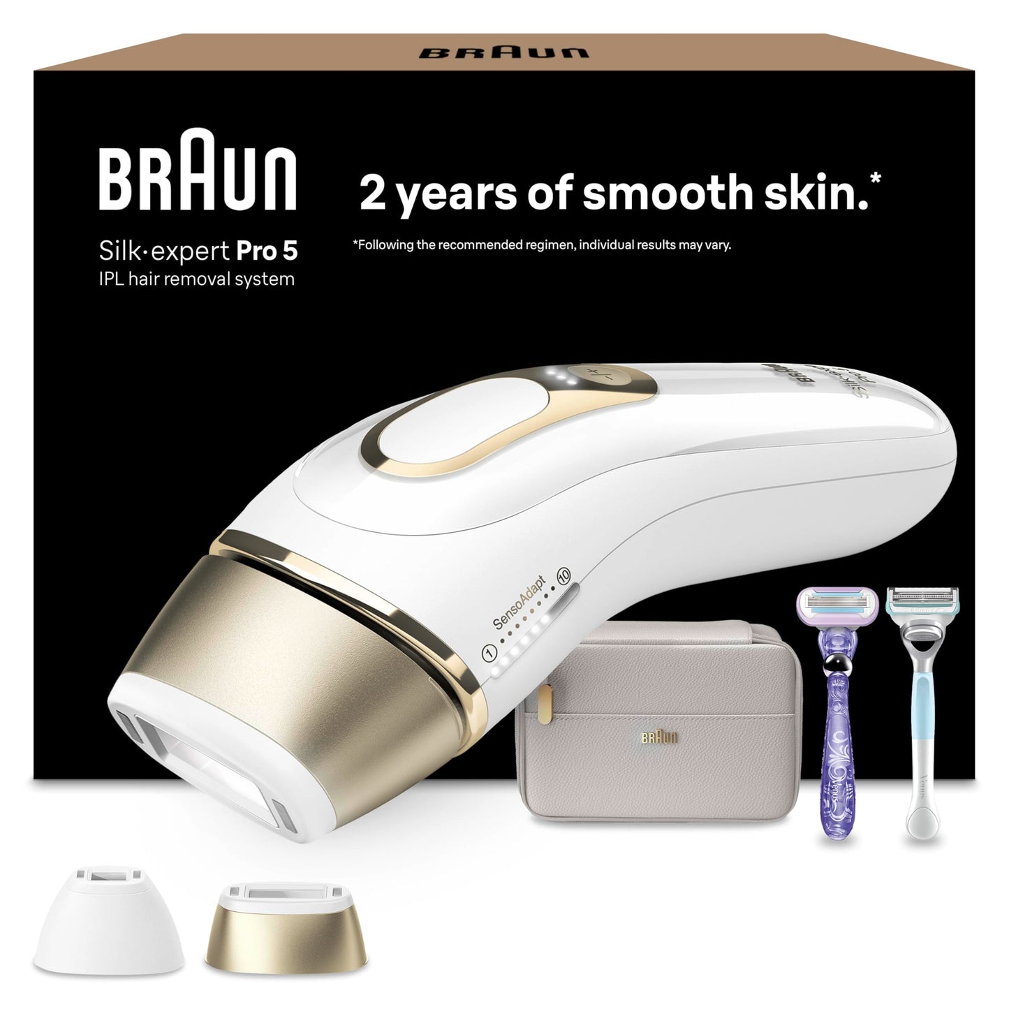IPL fotoepilators Braun Silk Expert Pro 5 matu noņemšanai, ilgstoši gluda āda mājās, ar futrāli, 2 Venus skuvekļiem un 2 uzgaļiem, izstrādāts Vācijā, PL5157, balts/zelts