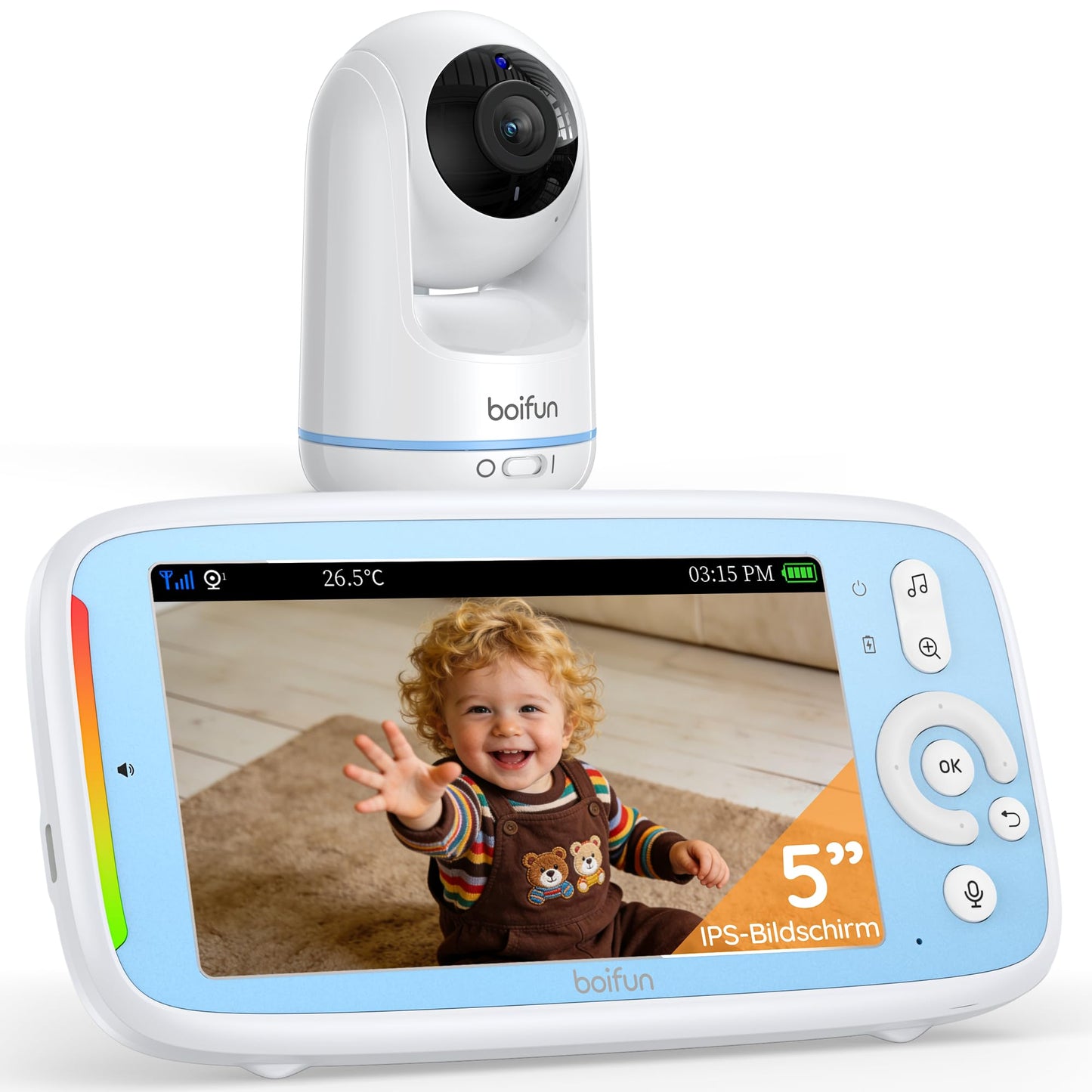 BOIFUN bērnu monitors ar kameru, bez Wi-Fi, IPS HD 720P monitors, 360° kamera