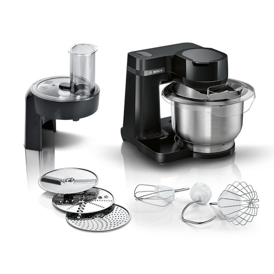 Bosch virtuves mašīna sērija 2 MUMS2EB01, nerūsējošā tērauda bļoda 3,8 L, planētas maisītājs, mīcīšanas āķis, putošanas un maisīšanas sloti nerūsējošā tērauda, caurplūdes griezējs, 3 diski, 700 W, melns