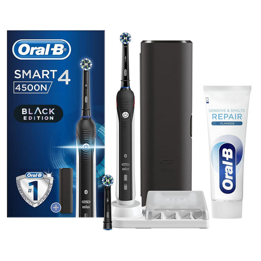 Oral-B uzlādējama elektriskā zobu birste SMART 4 4500 melna + zobu pasta Oral-B smaganu un nagu lakas Classic Repair 1 zobu birste 1 zobu pasta