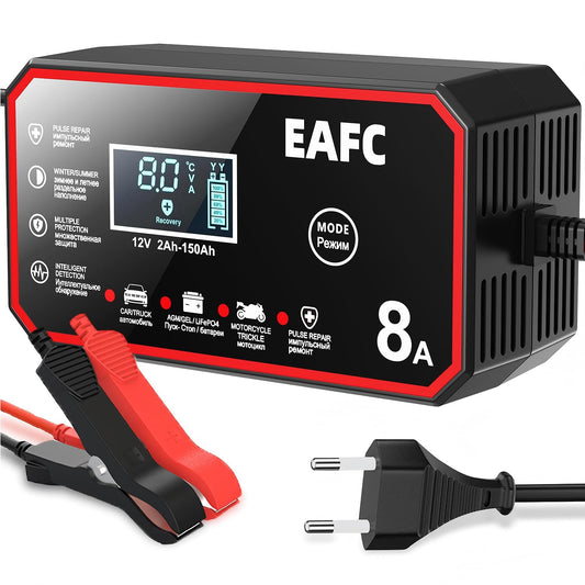 Auto akumulatora lādētājs EAFC 8A 12V impulsu uzturēšanas lādētājs ar temperatūras kompensāciju, LCD ekrānu, remonta režīmu, paredzēts auto, moto, AGM, Gel, EFB, svina skābes, LiFePO4 akumulatoriem