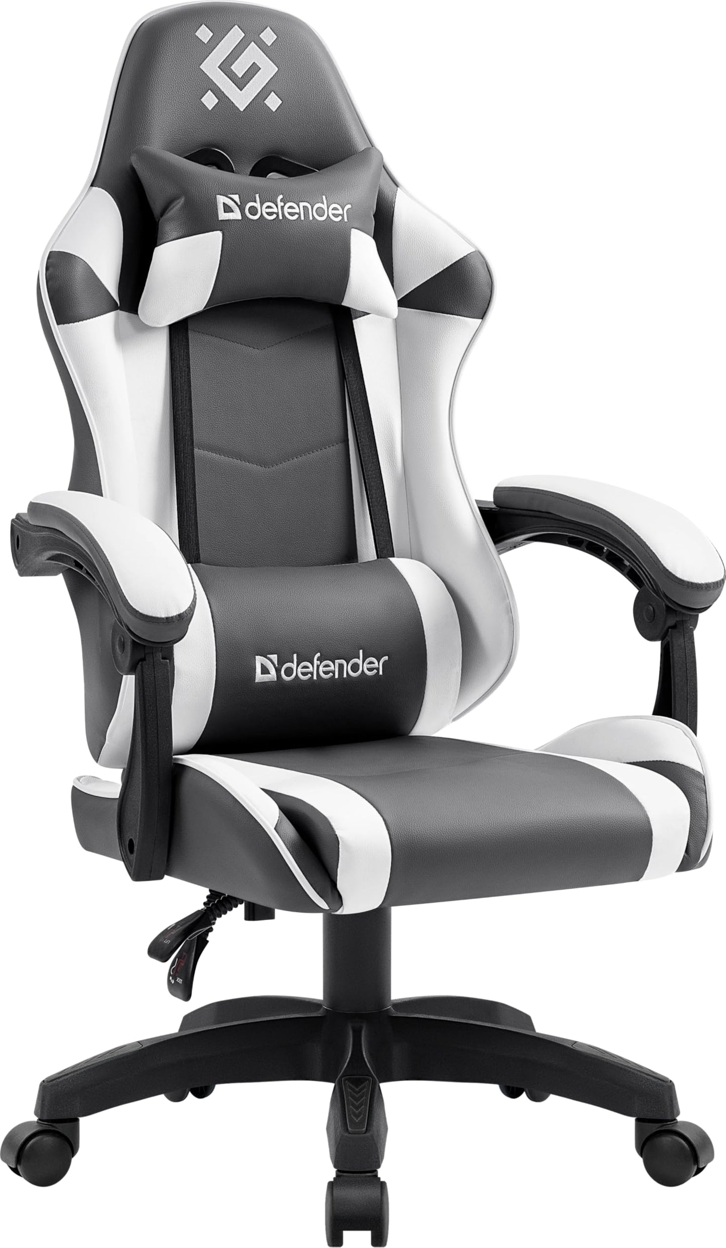 Defender® spēļu krēsls, ergonomisks PC krēsls, ērts biroja krēsls mājas birojam vai spēlētāja krēsls, galvas spilvens, regulējams augstums, datora krēsls, datora sēdeklis, balts-pelēks