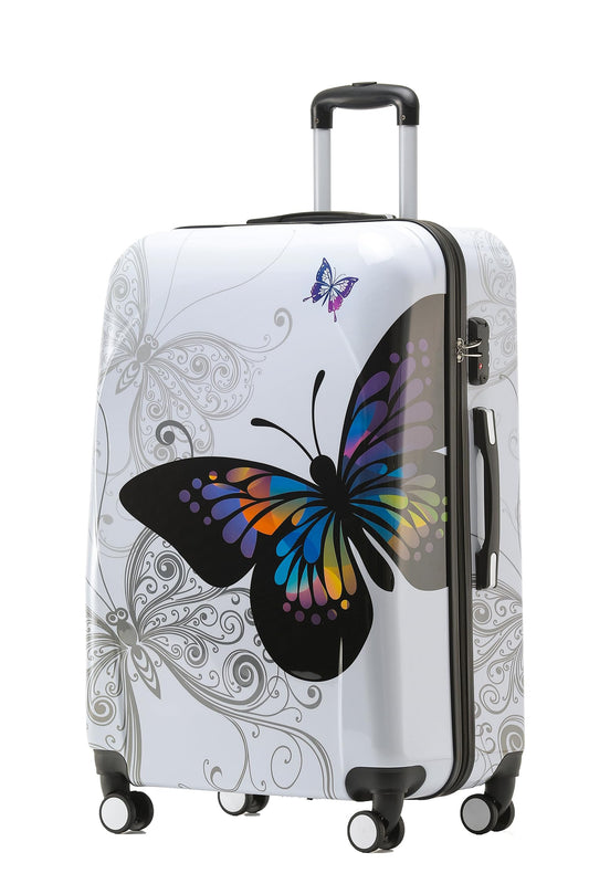 Ceļojumu koferis BEIBYE cietais čemodāns Trolley ar TSA slēdzeni, polikarbonāta komplekts XL-L-M-S, Butterfly, XL