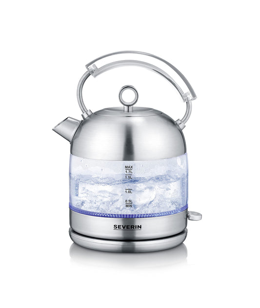 SEVERIN Retro stikla tējkanna - XXL 1,7L, jaudīga, kompakta, augstas kvalitātes, elektriska, stikls/matēts nerūsējošais tērauds