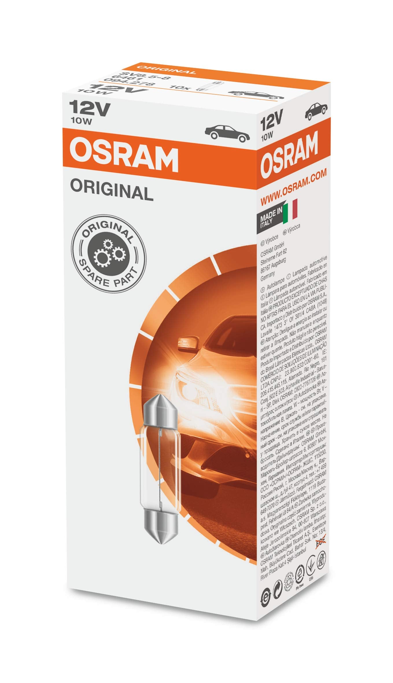 Osram 6461 ORIGINAL Sofitten spuldze, pamatne SV8.5-8, 12V, 10W, 1 spuldze, skaits 10