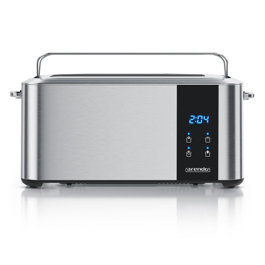 Arendo - Nerūsējošā tērauda tosteris garais slots 4 šķēles - skārienekrāns - divkāršā korpuss - 1500 W - Iebūvēts maizes uzkarsētājs - 7 brūnināšanas pakāpes - maizes centrēšana - atlikušā laika rādītājs - atmiņas funkcija