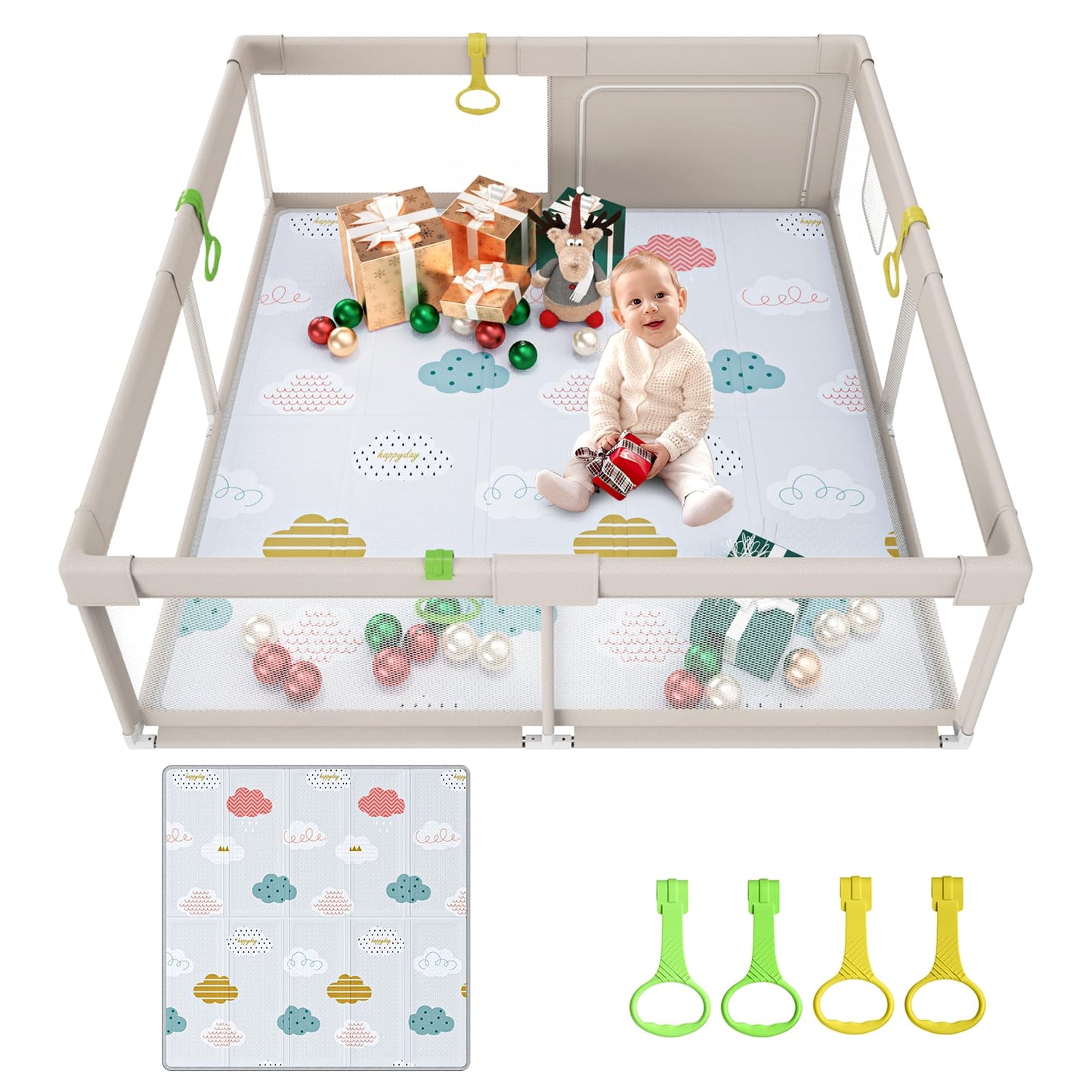Baby sētiņa Uanlauo 150x150 cm ar spēļu paklājiņu, XXL bērnu sētiņa, iekštelpām un āra lietošanai ar rāvējslēdzēja durvīm un 4 satvērējriņķiem