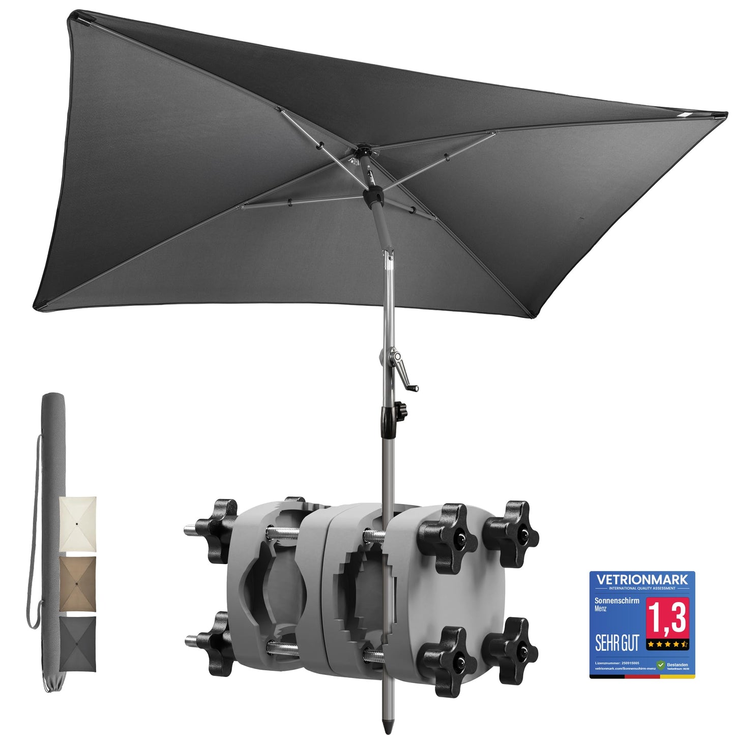 4smile SunnyShade balkona saulessargs ar stiprinājumu 3 gab. komplektā, UV 50+, 200x125 cm, antracīta krāsā, taisnstūra saulessargs, balkona saules aizsardzība, balkona saulessargs ar turētāju, balkona margām