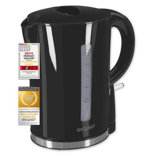 Exquisit tējkanna WK 3102 - Elektriskā, 1,7L, 2200W, pret kaļķakmeni, pārkaršanas un sausās darbības aizsardzība, melna