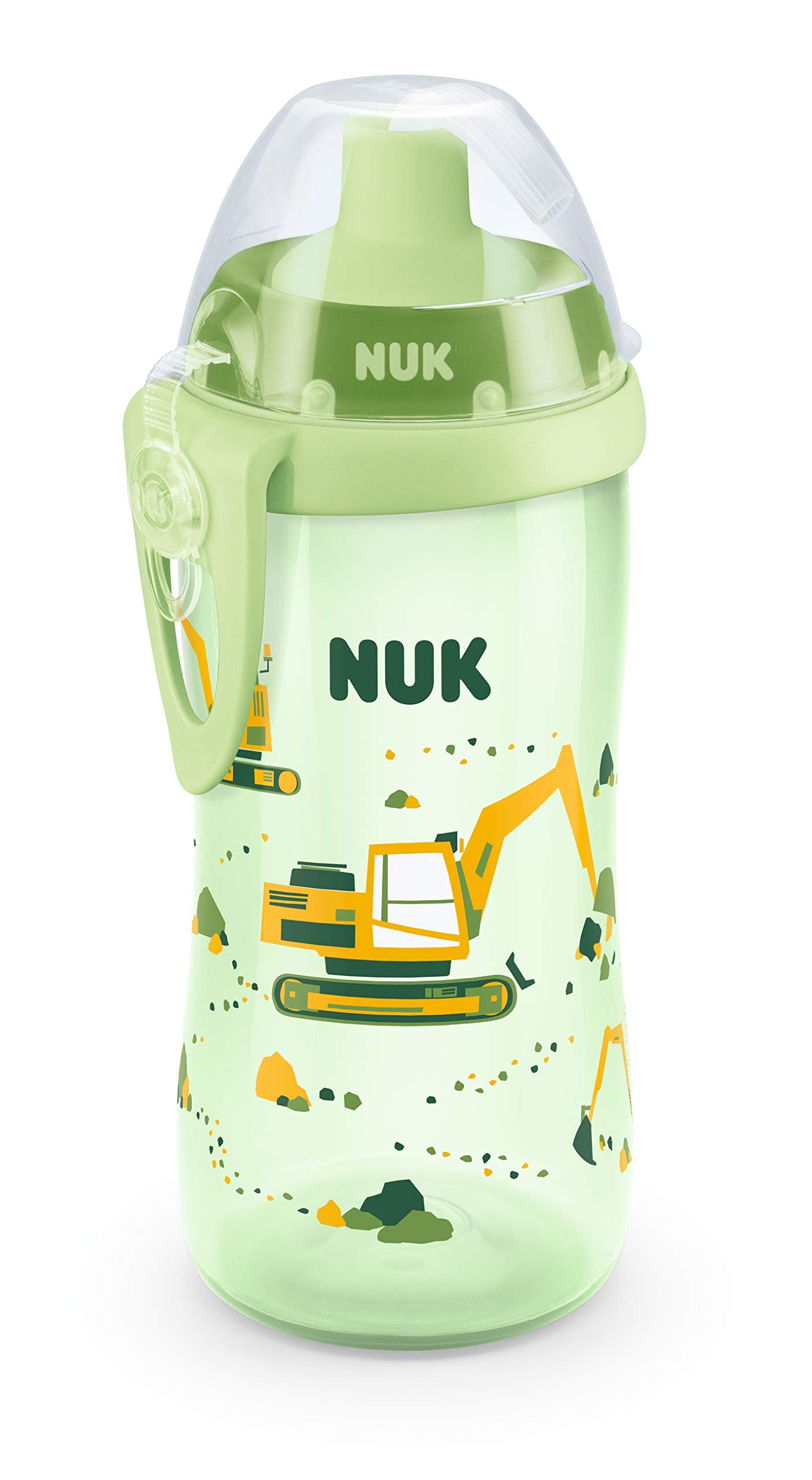 Mācību krūze ar salmiņu NUK Flexi Cup, 300ml, neiztecīga un izturīga pret plīšanu, BPA nesaturoša, 12+ mēneši, ekskavators (zaļa)