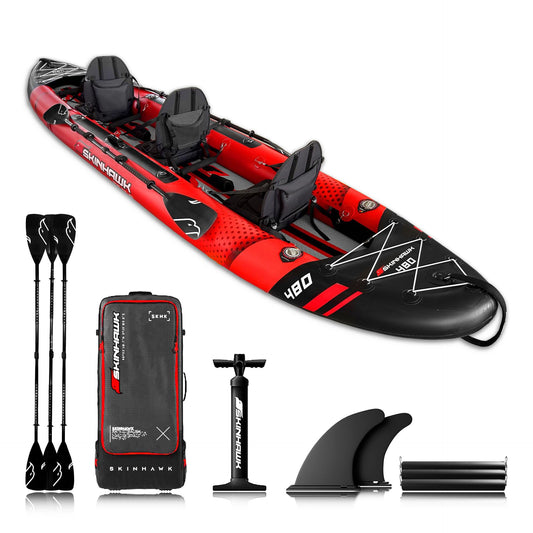 Piepūšamais kajaks SKINHAWK Exclusiv Rot Set 480, 3 personām, 480 x 96 cm, ar sēdekļiem, airiem un pumpi