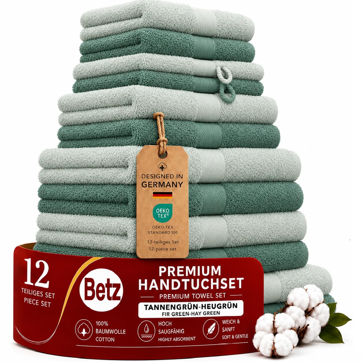 Vannas dvieļu komplekts Betz Premium, 12 daļīgs, 100% kokvilna, Oeko-TEX® sertificēts, 470 g/m², 2 dušas dvieļi, 4 dvieļi, 2 viesu dvieļi, 2 ziepju dvieļi un 2 mazgāšanas cimdi, heugrün/tannengrün