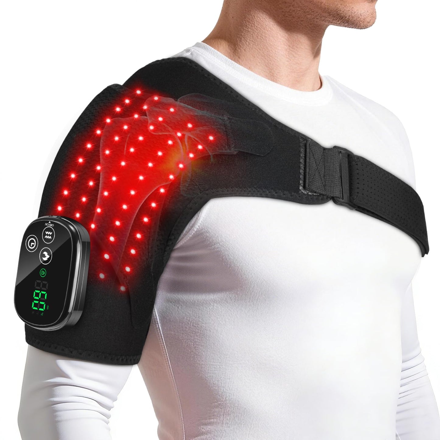 Plecu masāžas spilvens ar sildīšanu un LED gaismu, regulējama pleca sildīšanas atbalsta ierīce ar 6 sildīšanas līmeņiem, 3 vibrācijas režīmiem, 6 laika iestatījumiem, skārienekrānu un 5000mAh akumulatoru, kreisajam/labajam plecam
