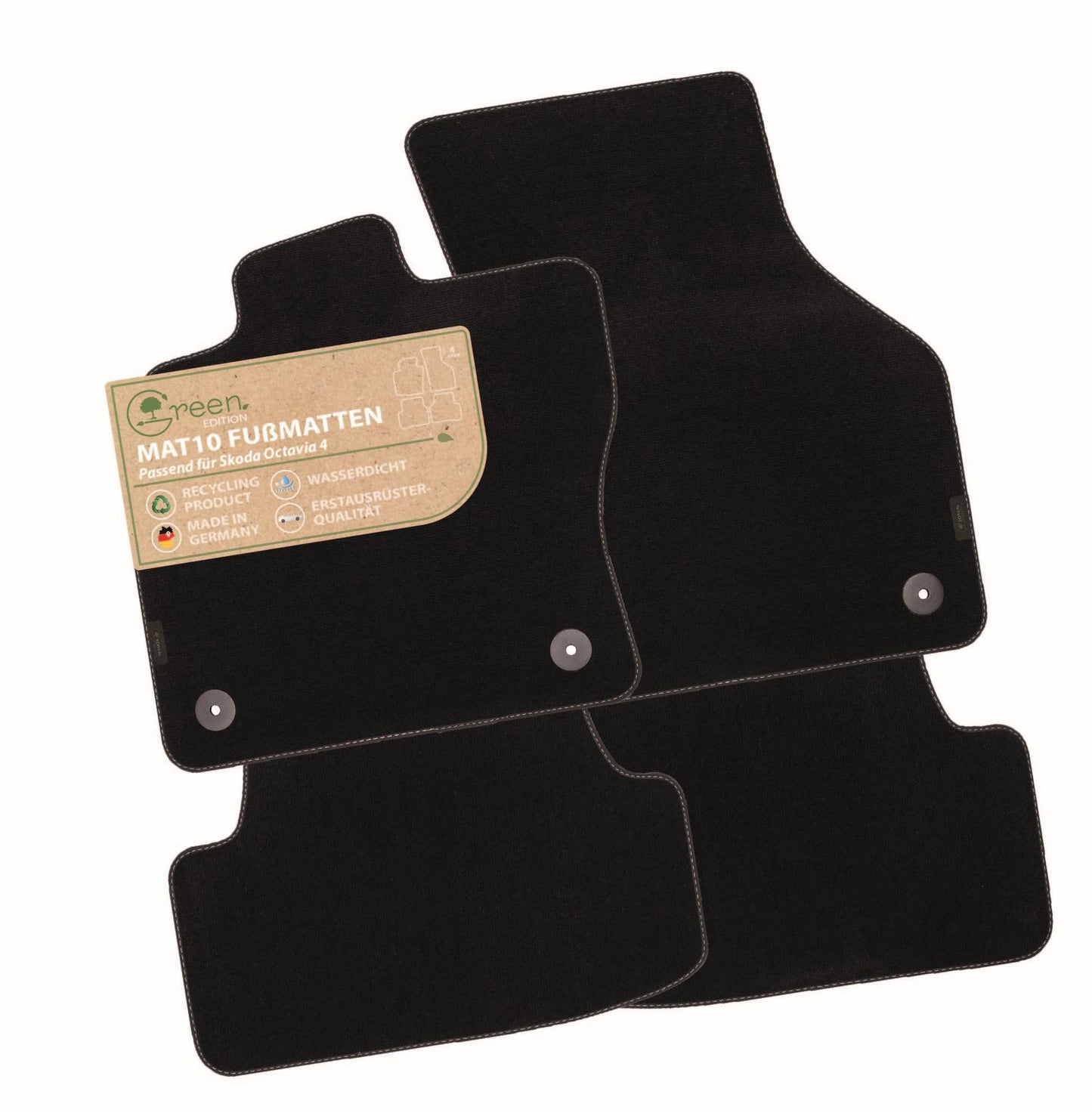 MAT10 Zaļā izdevuma – Auto paklāji, kas piemēroti Skoda Octavia 4 (no 03/2020) | ilgtspējīgs samts | Automātu komplekts, 4 daļas | Ražots Vācijā, oriģinālo aprīkojumu kvalitāte