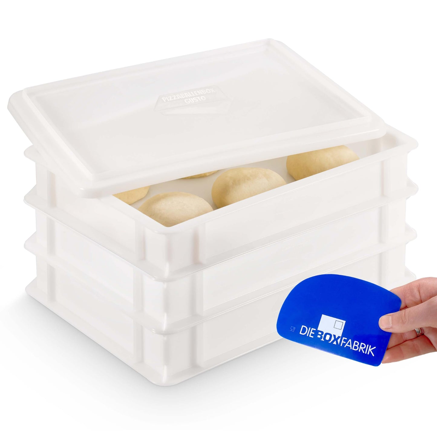 Picas mīklas bumbiņu kastes DIE BOX FABRIK 3x Gusto + 1 vāks, 40x30x7 cm, raudzēšanas kaste 6 picas mīklas bumbiņām