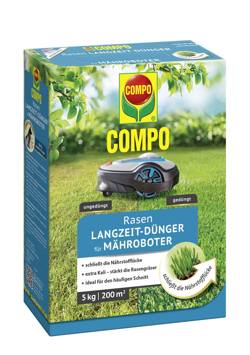 COMPO ROBO-RASEN ilgtermiņa mēslojums robotizētām zāles pļaujmašīnām, 5 kg, 200 m², 3 mēneši