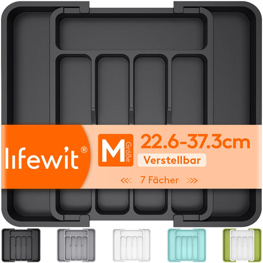 Galda piederumu atvilktnes organizators Lifewit, regulējams plastmasas virtuves ieliktnis, dziļums 31 cm, 5–7 nodalījumi, paplašināms līdz 37 cm, karotēm un dakšiņām, melns, vidējs