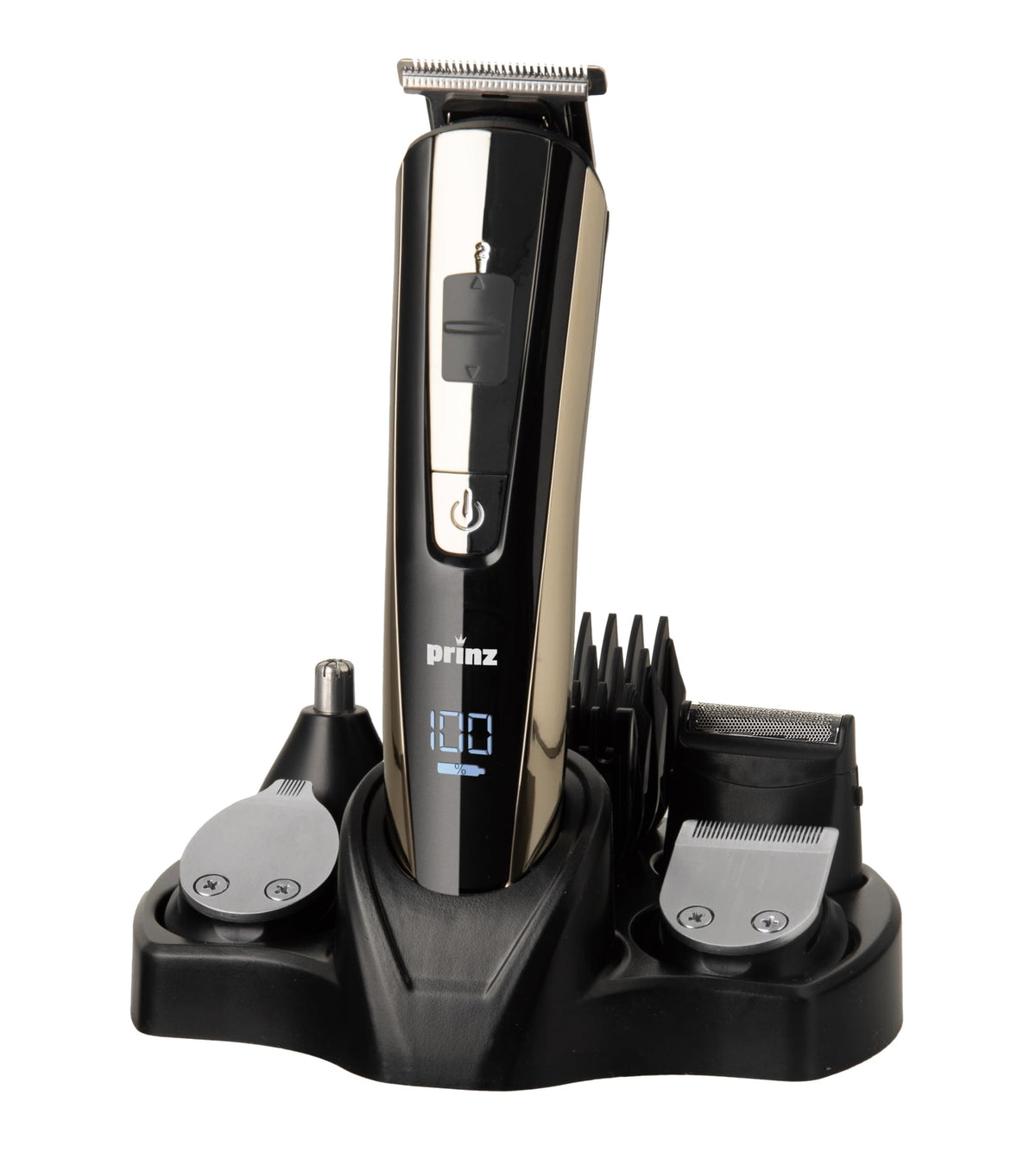 Matu griešanas mašīna Prinz Multi-Grooming-Set 5-in-1 PZ-MGS1 – bārdas trimmeris, kontūru trimmeris, skuveklis, deguna/ausu trimmeris, LED displejs, 2 ātrumi, ātrā uzlāde, akumulators un darbība no tīkla