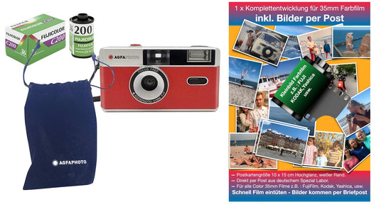 AgfaPhoto analoga 35mm maza formāta filma foto kamera sarkanā krāsā + krāsu attēlu filma + akumulators + PILNĪGA ATTĪSTĪBA FILMA + ATTĒLI