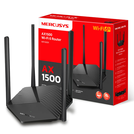 Mercusys MR1500X Wi-Fi 6 WLAN maršrutētājs, divjoslu AX1500, 3 Gigabit porti, WPA3, bērnu aizsardzība, viesu tīkls, MU-MIMO, bez DSL funkcijas